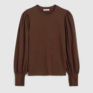 Madewell smocked puff sleeve long sleeve top shirt size SM brown new slub